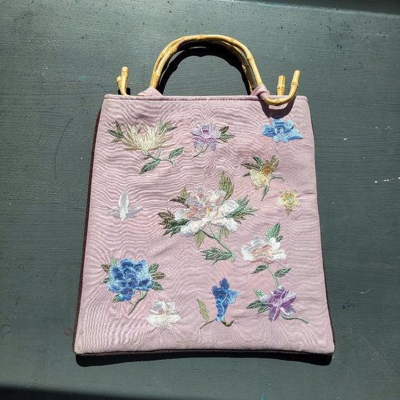 Vintage Bamboo Handled Floral Embroidered Bag - Picture 3 of 11